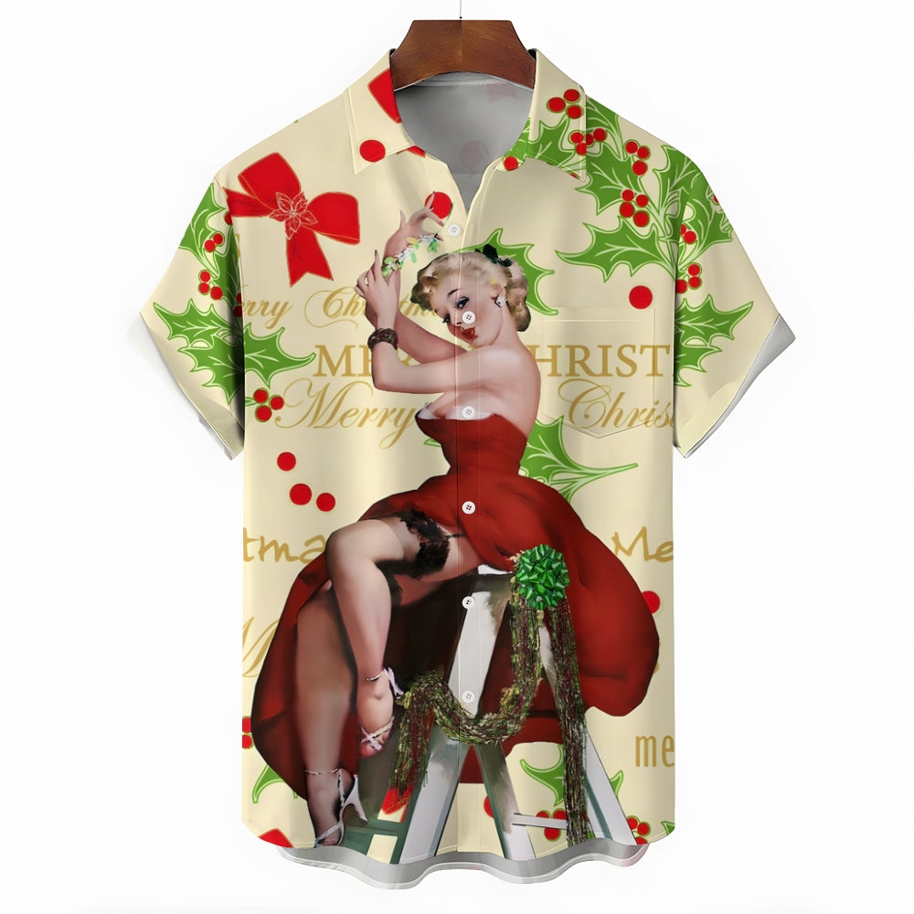 Merry Christmas Sexy Girl Print Casual Short Sleeve Shirt 2411008162