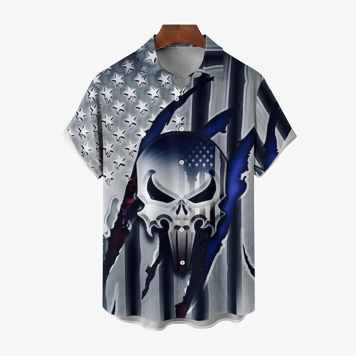 Men's Flag Skull Print Short Sleeve Shirt 2404001799