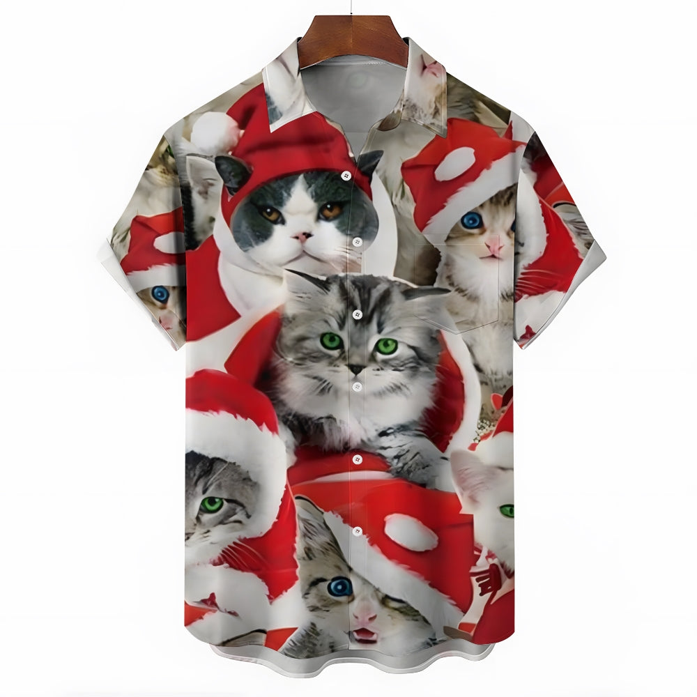 Christmas Cat in the Hat Print Short Sleeve Shirt 2410002036