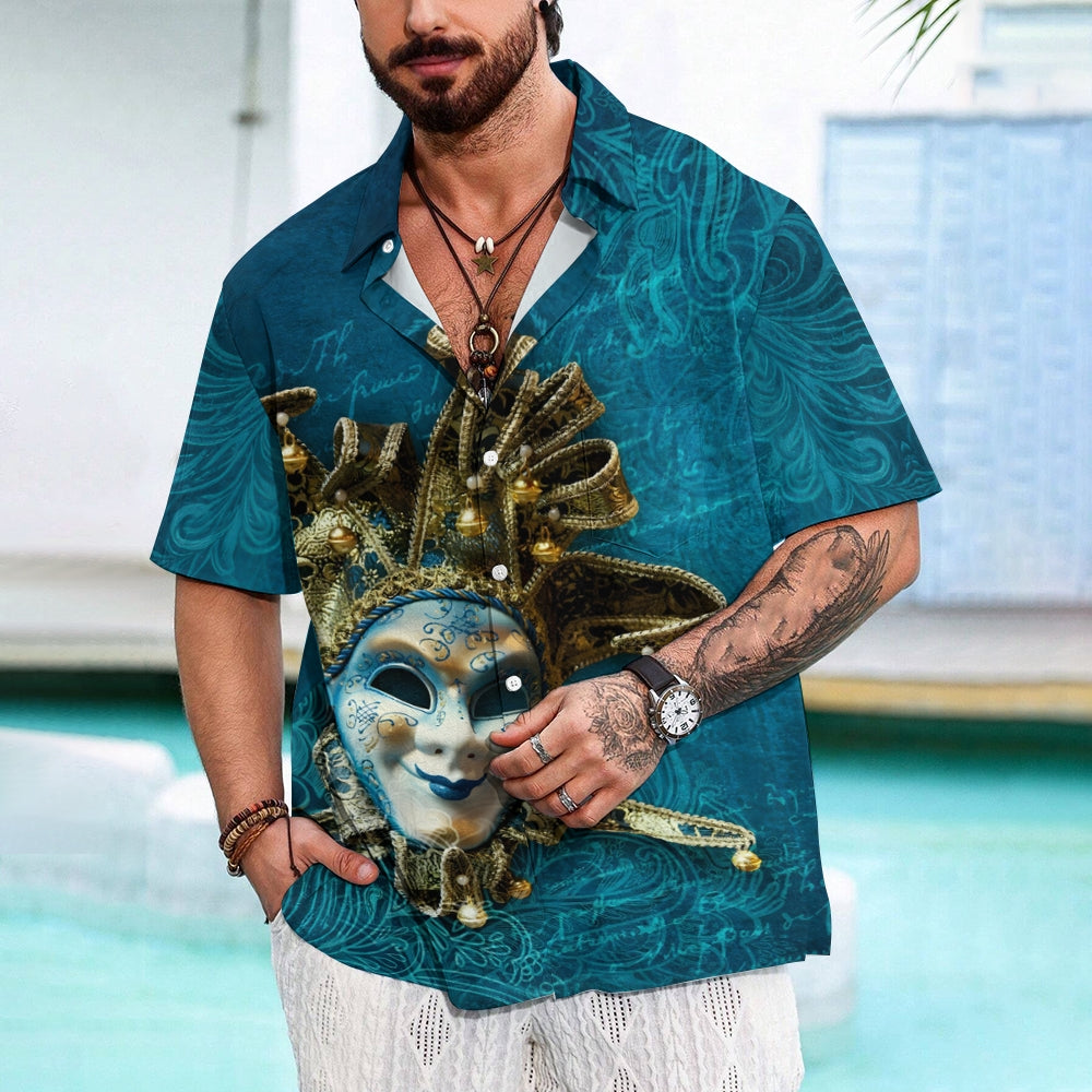 Men's Mardi Gras Mask Print Short Sleeve Shirt 2412007596