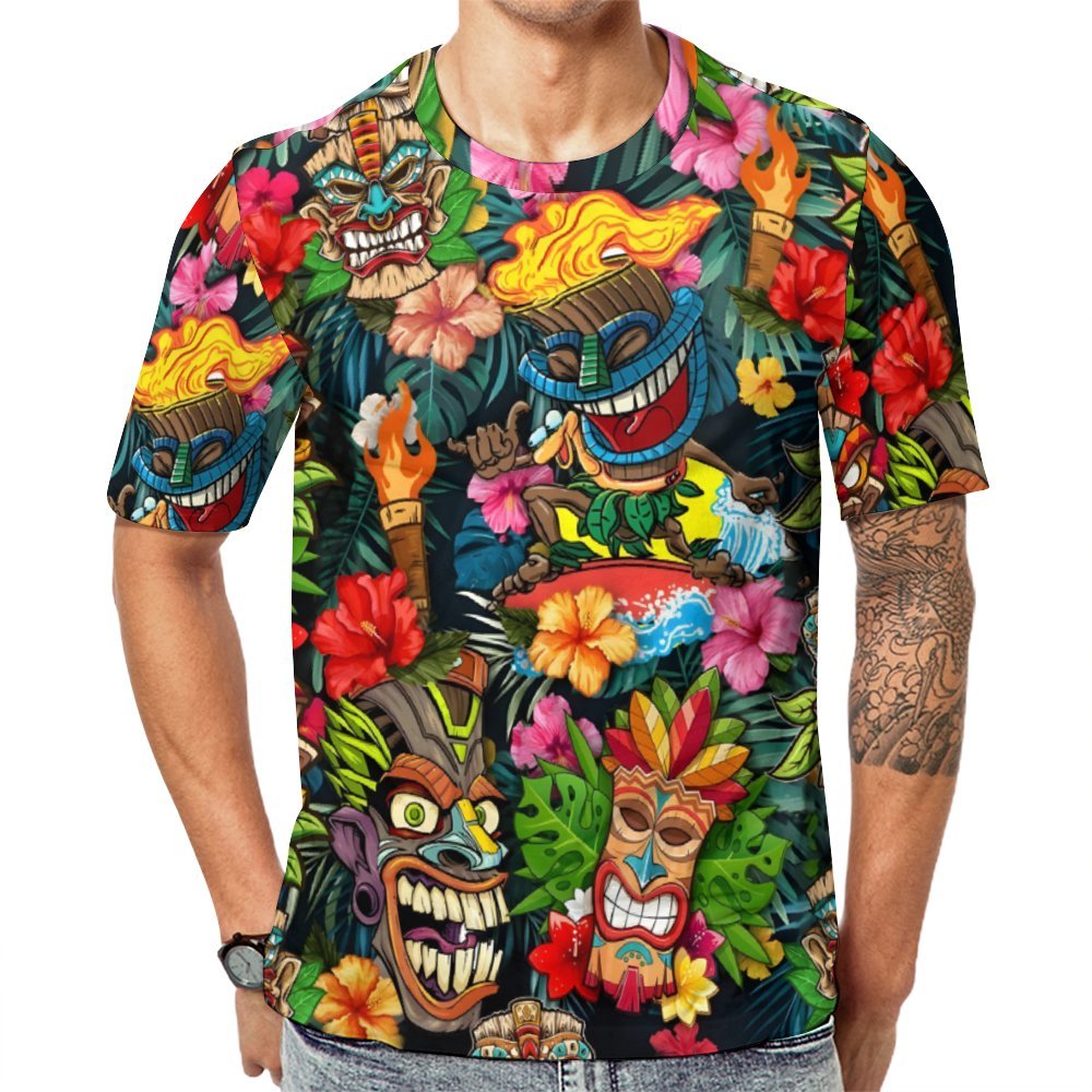 Men's Round Neck Tiki Art Casual T-Shirt 2404000507