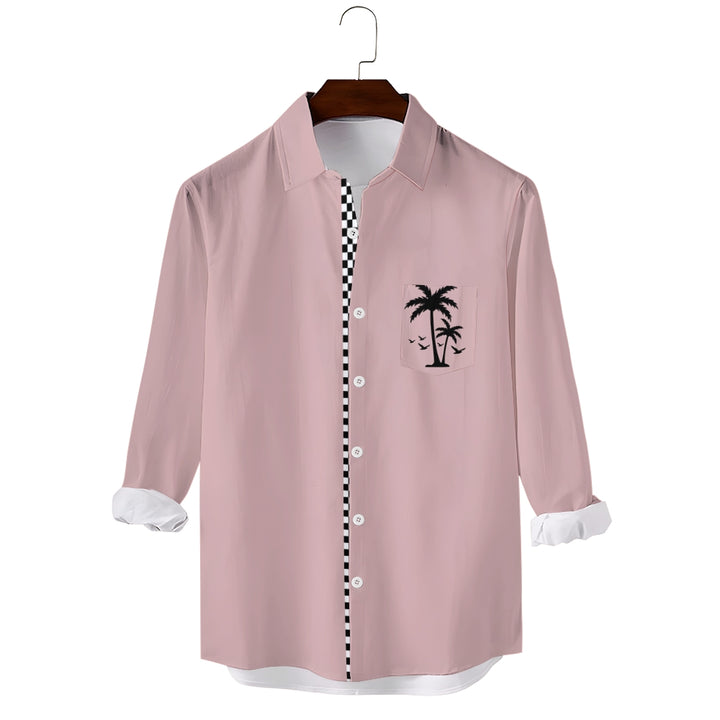 Solid Check Hawaiian Resort Print Long Sleeve Shirt