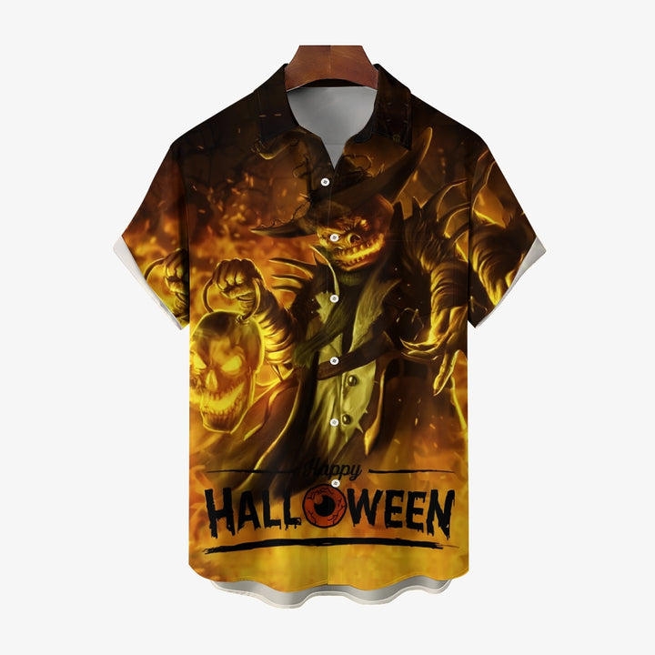 Halloween Demon Pumpkin Print Casual Short Sleeve Shirt 2408007757