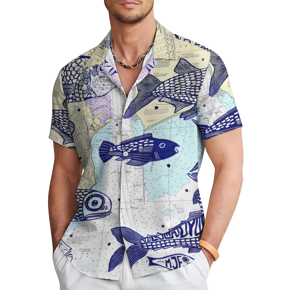 Map Fish Print Linen Short-Sleeved Shirt 2409009637