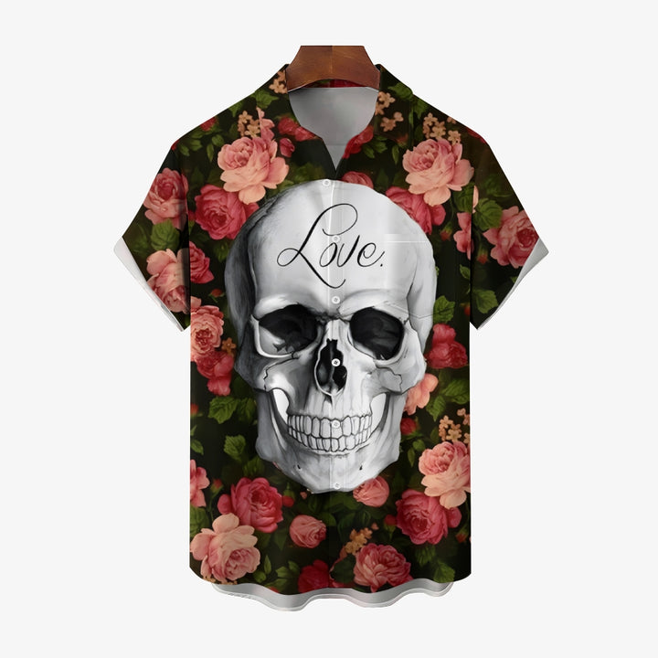 Valentine's Day "Love and Death" Skull Rose Print Casual Short Sleeve Shirt 2412002789