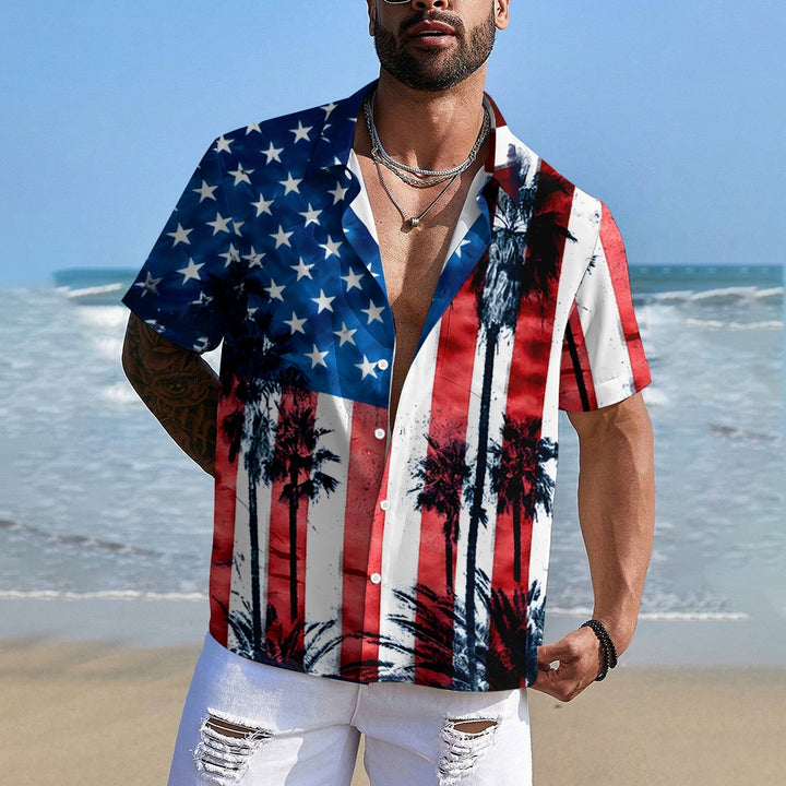 American Flag Palm Trees Casual Short Sleeve Shirt 2411003451