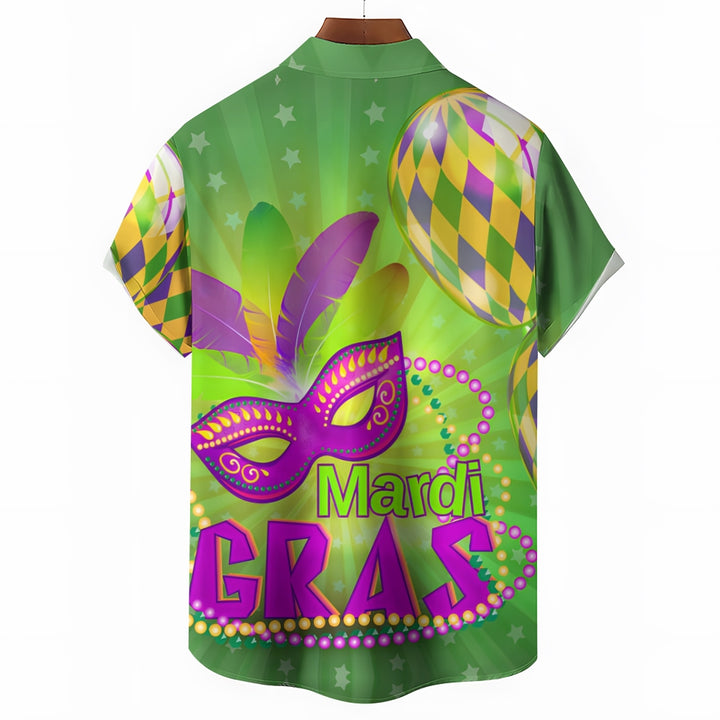 Men's Mardi Gras Mask Print Casual Short Sleeve Shirt 2412002274