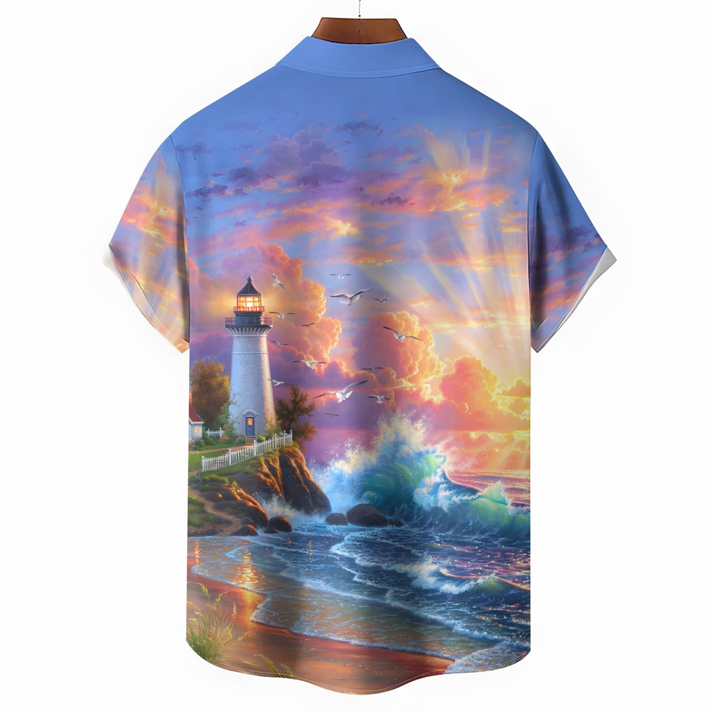 Seaside Landscape Print Casual Short Sleeve Shirt 2408002157