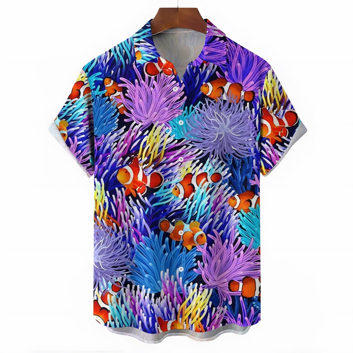 Anemone and Clownfish Linen Short Sleeve Shirt 2409010093