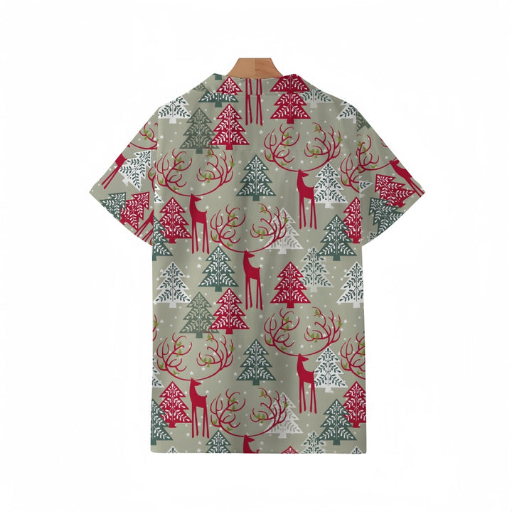 Christmas Tree And Elk Geometric Print Cuban Collar Short Sleeve Shirt 2410006104