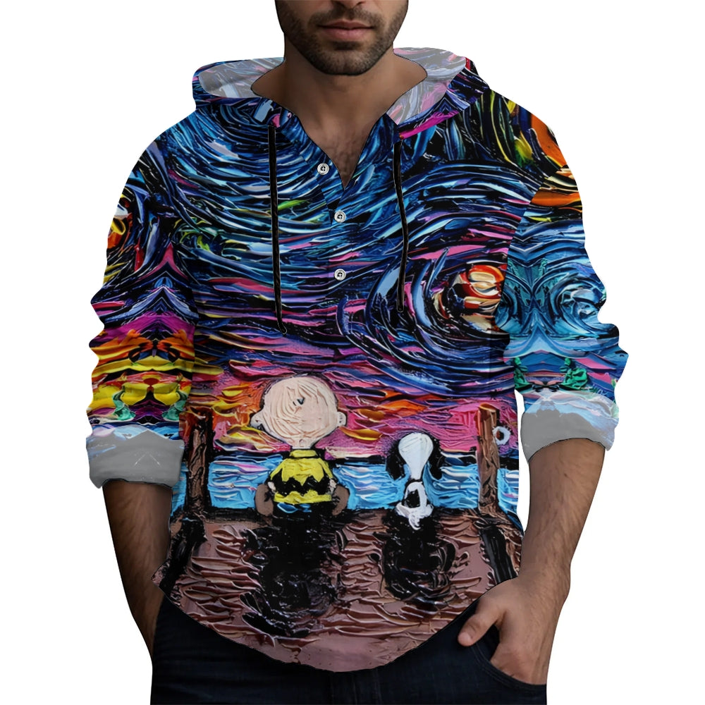 Starry Sky Cartoon Character Hooded Half-Open Long-Sleeved Shirt