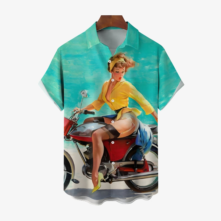 Retro Poster Motorcycle Sexy Girl Print Short Sleeve Shirt 2411008153