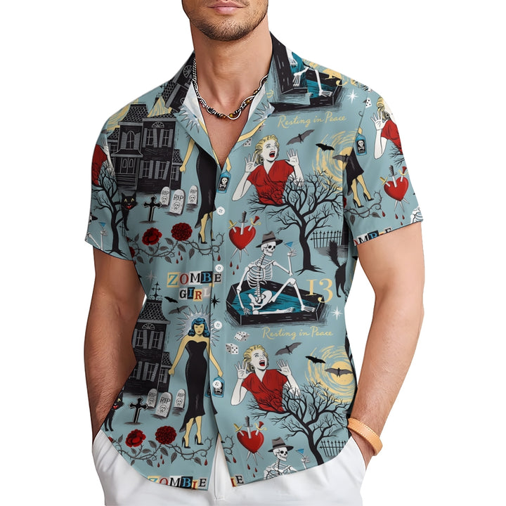 Horror Poster Illustration Casual Short-Sleeved Shirt 2406000416