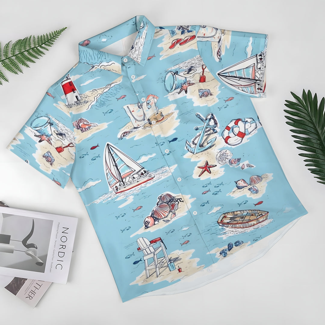 Men's Nautical Beach Element Print Casual Short Sleeve Shirt 2403000582