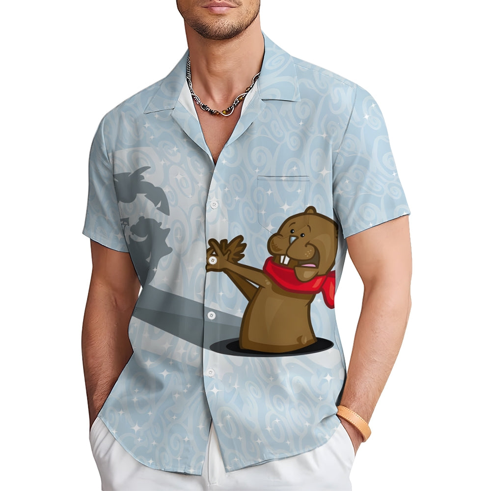 Groundhog Day Cartoon Fun Print Casual Short Sleeve Shirt 2412003755