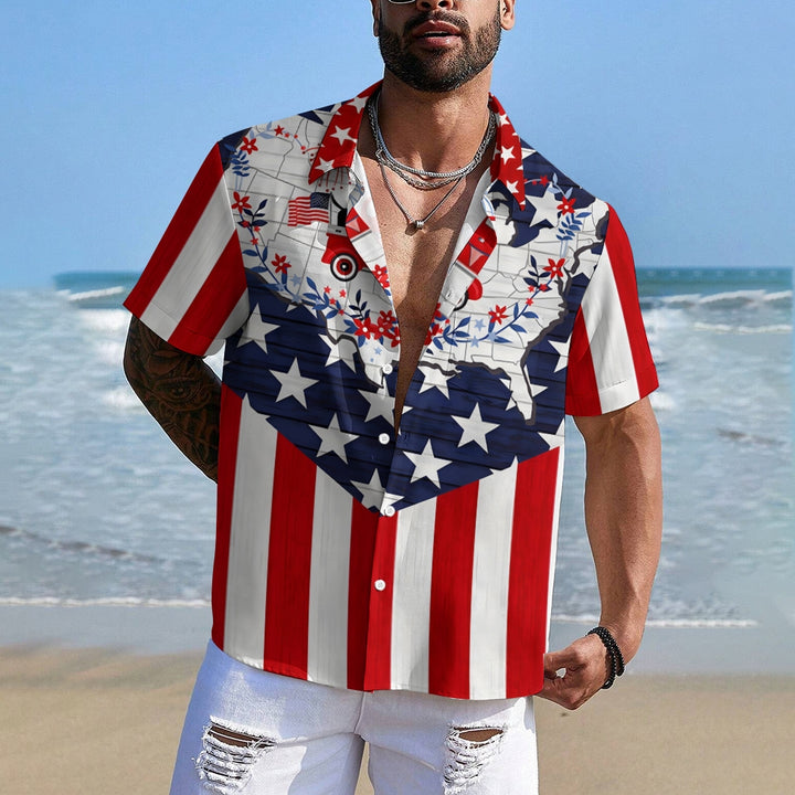 Patriotic Flag Trucker Print Chest Pocket Short Sleeve Shirt 2411005933