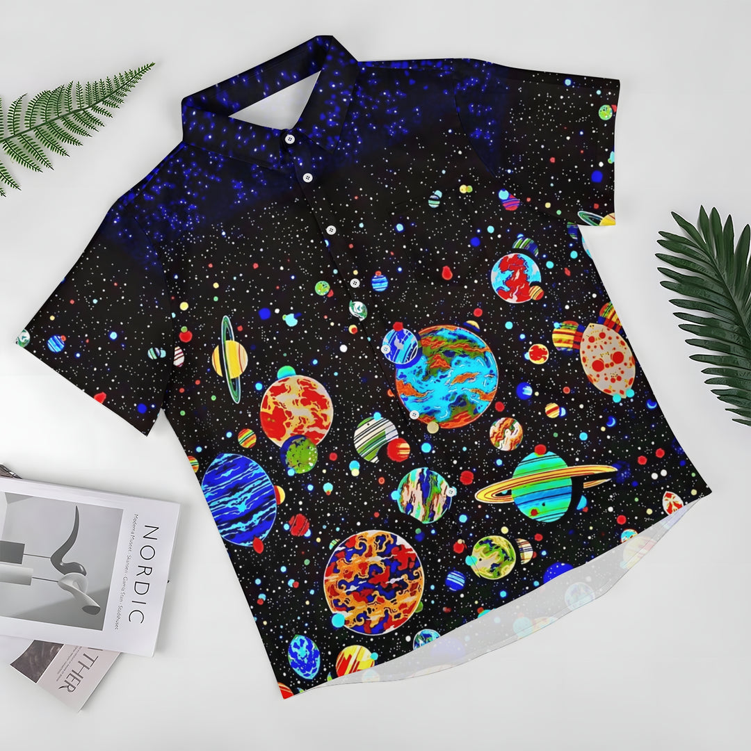 Men's Space Planet Print Casual Short Sleeve Shirt 2404000451