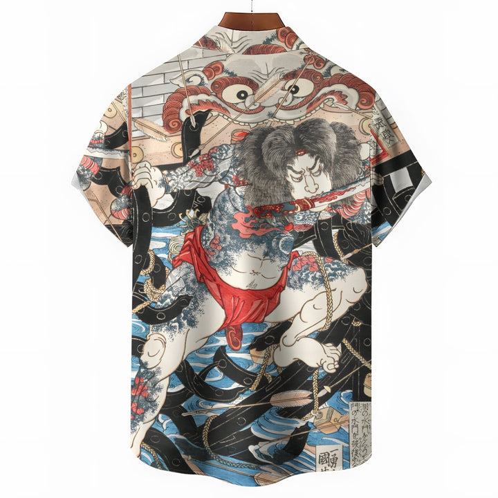 Ukiyoe Japanese Samurai Casual Large Size Short Sleeve Shirt 2406003329
