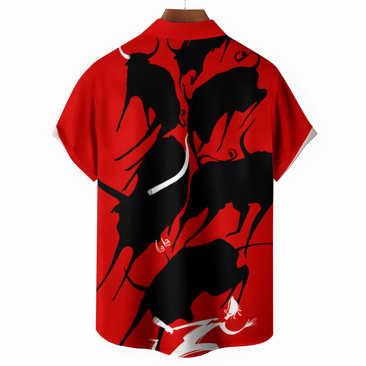 Bullfighting Theme Running Of The Bulls Festival Casual Short Sleeve Shirt 2403000789