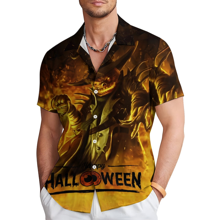 Halloween Demon Pumpkin Print Casual Short Sleeve Shirt 2408007757