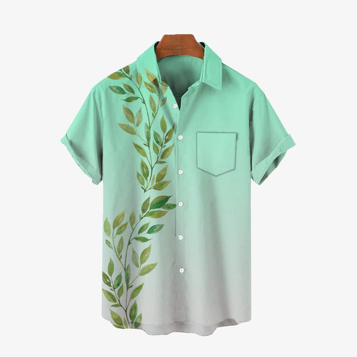 Leaf Gradient Print Oversized Shirt Bamboo Linen Short-Sleeved Shirt