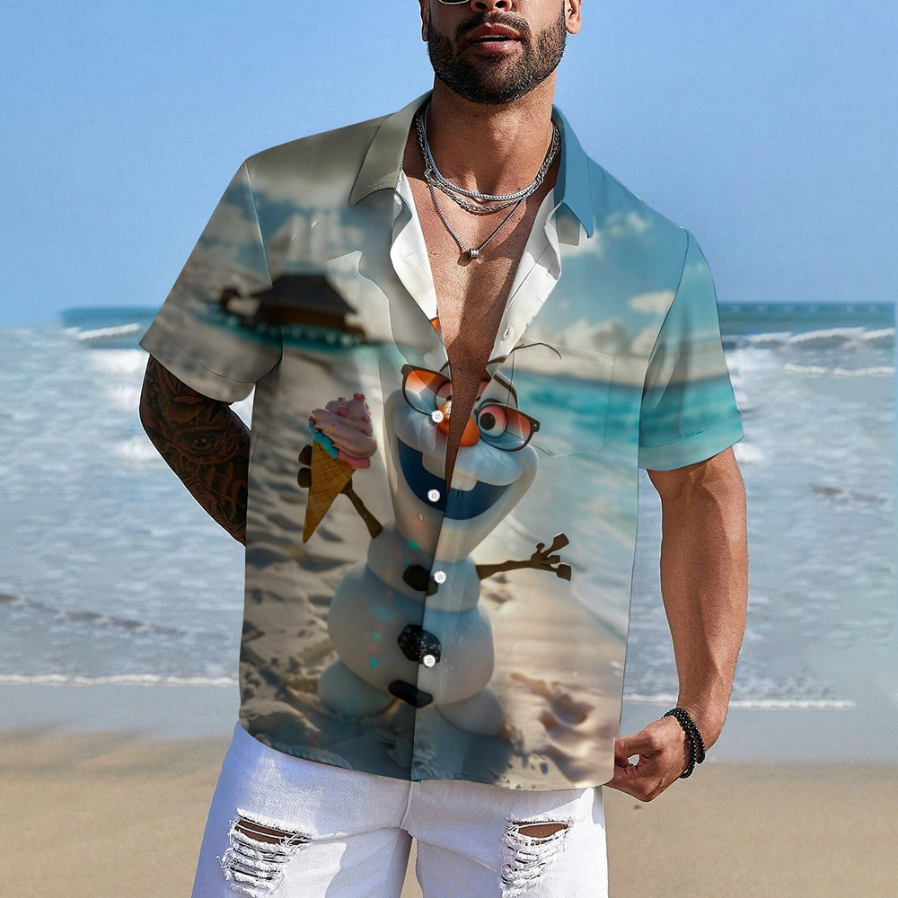 Cartoon Snowman Hawaiian Casual Short Sleeve Shirt 2409002476