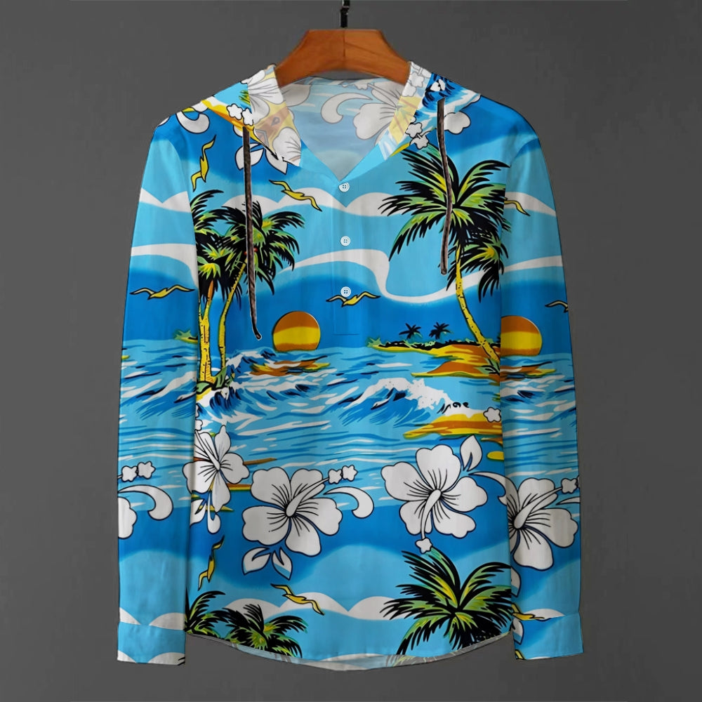 Hawaiian Coconut Tree Print Hooded Half-Sleeve Shirt 2408002119