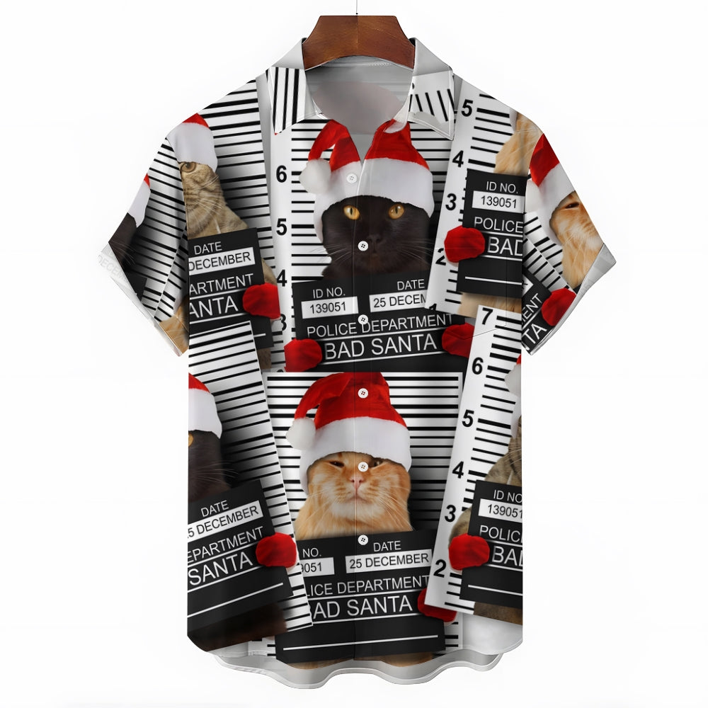 Christmas Cat Fun Print Short Sleeve Shirt 2410003757