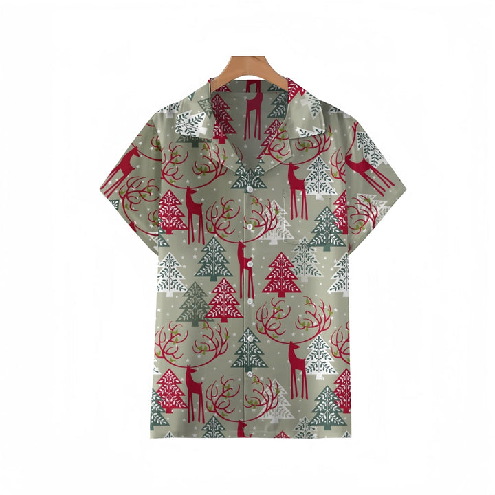 Christmas Tree And Elk Geometric Print Cuban Collar Short Sleeve Shirt 2410006104