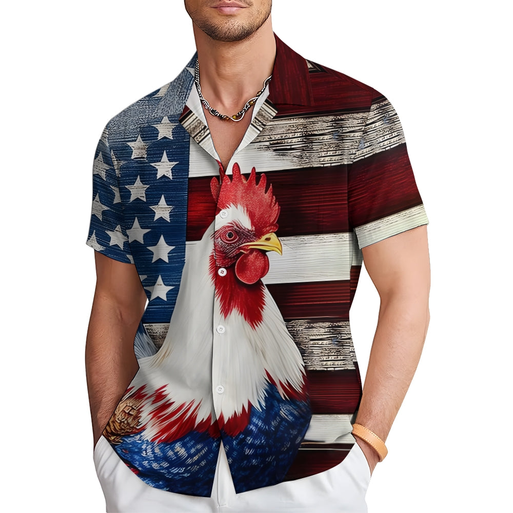 Rooster Flag Print Patriotic Casual Short Sleeve Shirt 2405002093