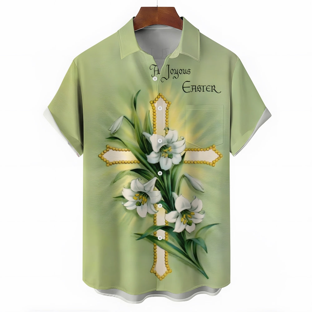 Easter Lily Cross Print Casual Short Sleeve Shirt 2412009965