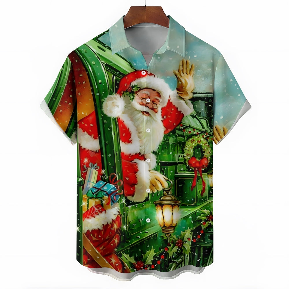 Christmas Santa Claus Green Train Casual Short Sleeve Shirt 2411003259