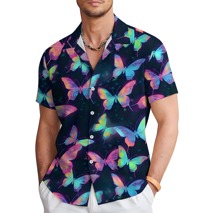 Glowing Colorful Butterfly Print Casual Short Sleeve Shirt 2408006970