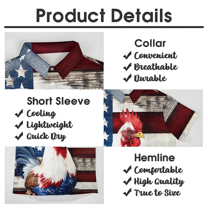 Rooster Flag Print Patriotic Casual Short Sleeve Shirt 2405002093