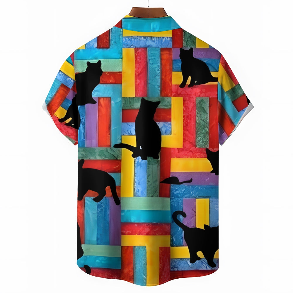 Colorful Geometric Cat Shadow Linen Short Sleeve Shirt 2409009727