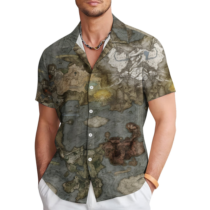 Men's Retro Map Print Casual Short Sleeve Shirt 2404000486