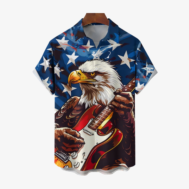 Stars and Stripes Eagle Print Casual Oversized Short Sleeve Shirt 2406003504