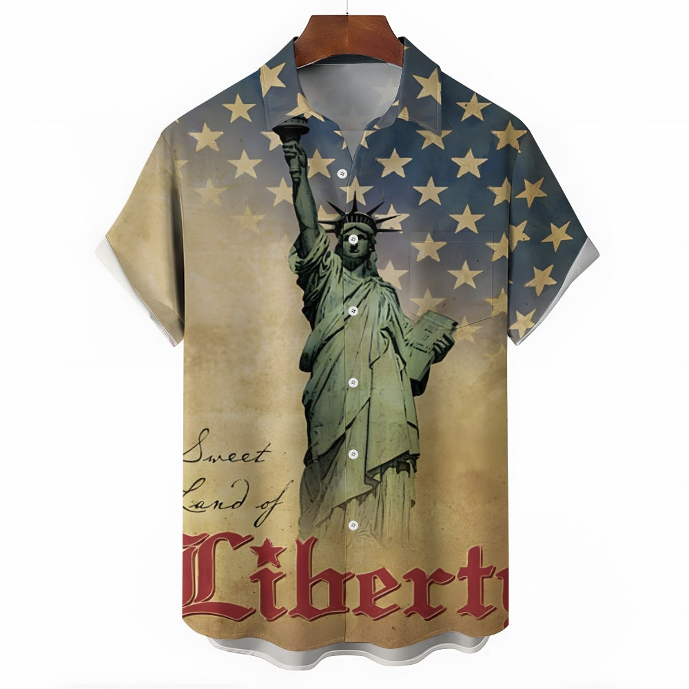 Statue of Liberty Independence Day Print Casual Short Sleeve Shirt 2404000299