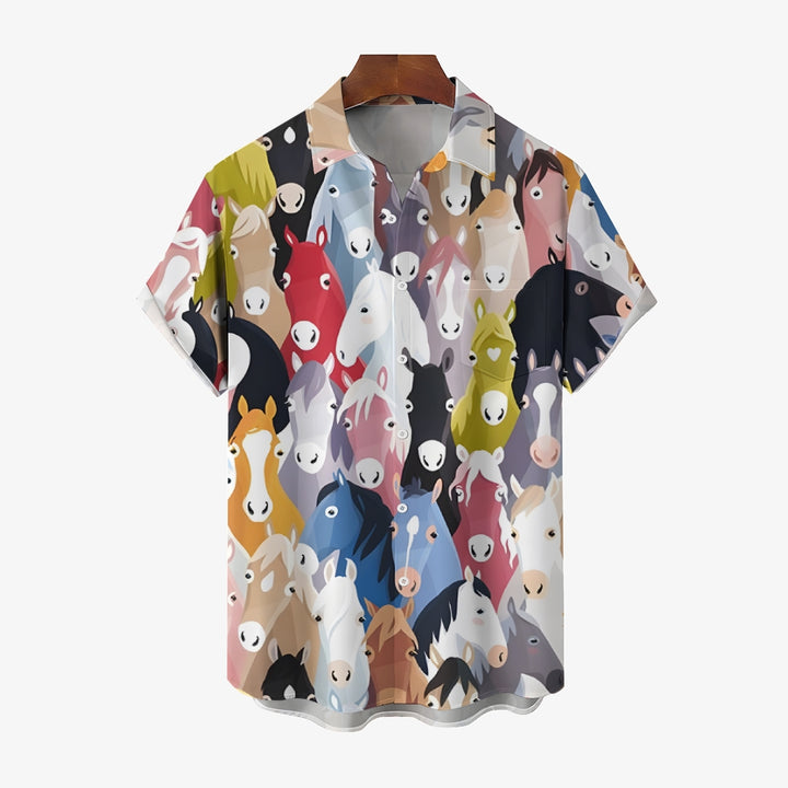 Men's Colored Horse Casual Short Sleeve Shirt 2410006996