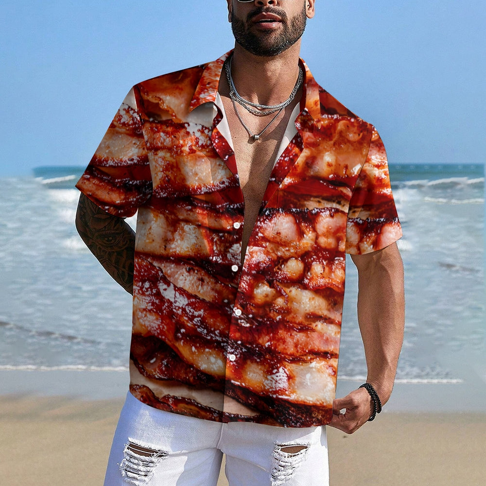 Delicious Bacon Printed Casual Oversized Short Sleeve Shirt 2407002319