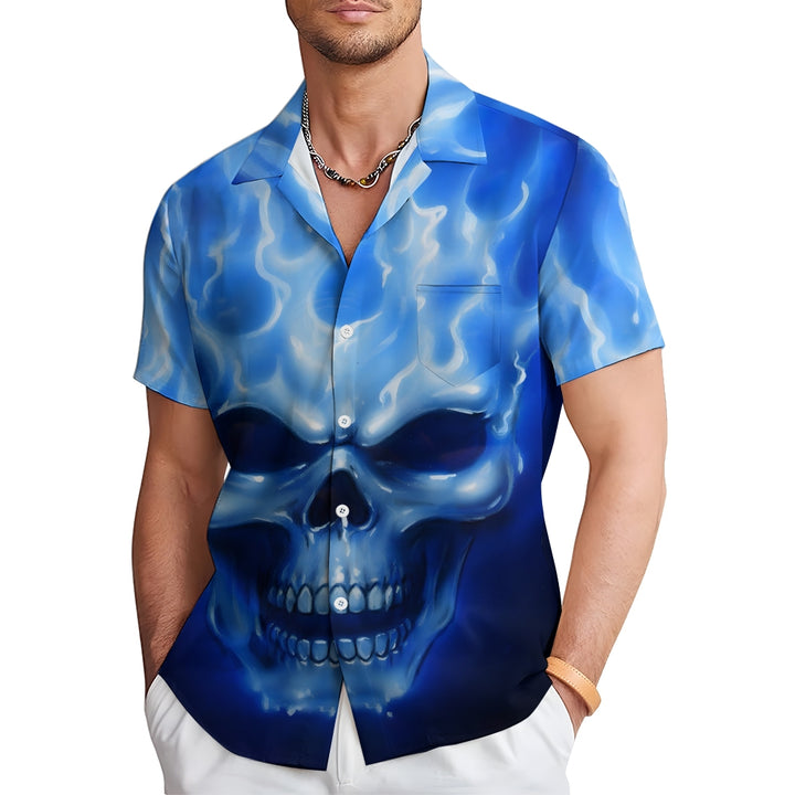 Skull And Flame Print Chest Pocket Short Sleeve Shirt 2411001990