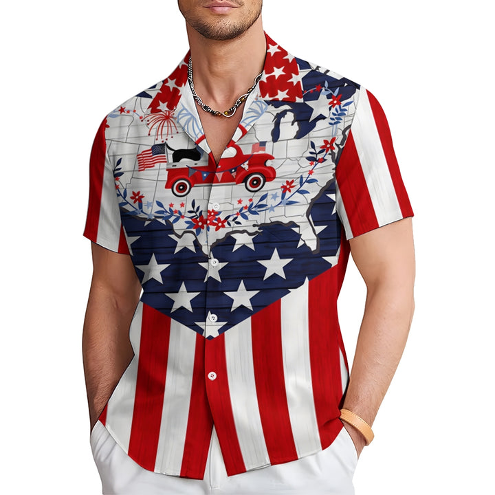 Patriotic Flag Trucker Print Chest Pocket Short Sleeve Shirt 2411005933