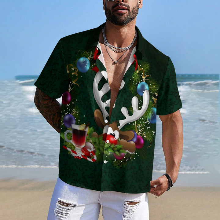 Men's Christmas Decoration Elk Print Short Sleeve Shirt 2409011409