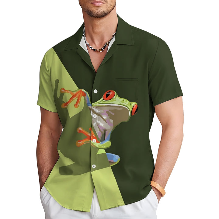 Colorblock Frog Print Chest Pocket Short Sleeve Shirt 2411005804