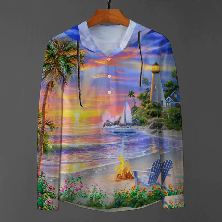 Beach Lighthouse Landscape Print Hooded Half-Sleeve Shirt 2408002129