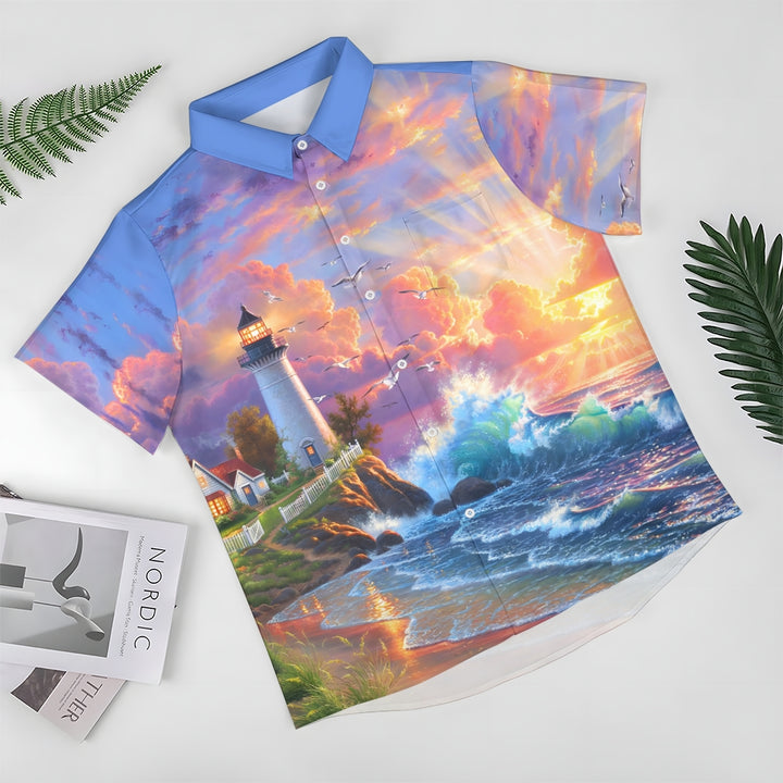 Seaside Landscape Print Casual Short Sleeve Shirt 2408002157