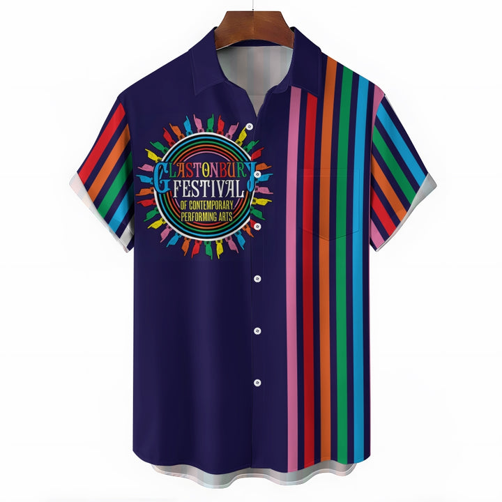 Glastonbury Festival Inspired Art Printed Bowling Short Sleeve Shirt 2404000887