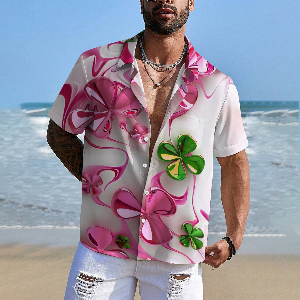 St. Patrick's Day Pink Four-Leaf Clover Short Sleeve Shirt 2412009474