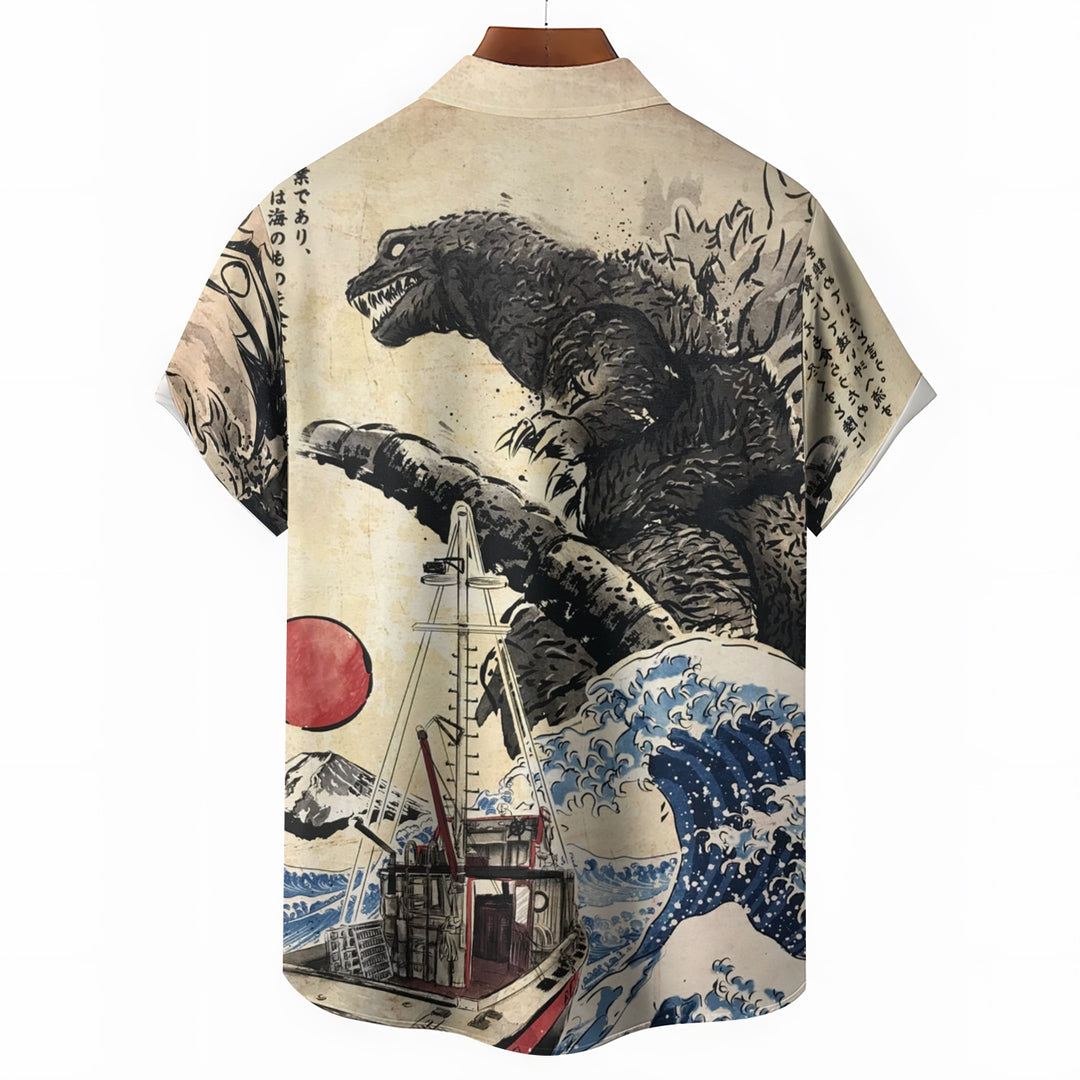 Ukiyo-e Monster Godzilla Casual Short Sleeve Shirt 2404001803
