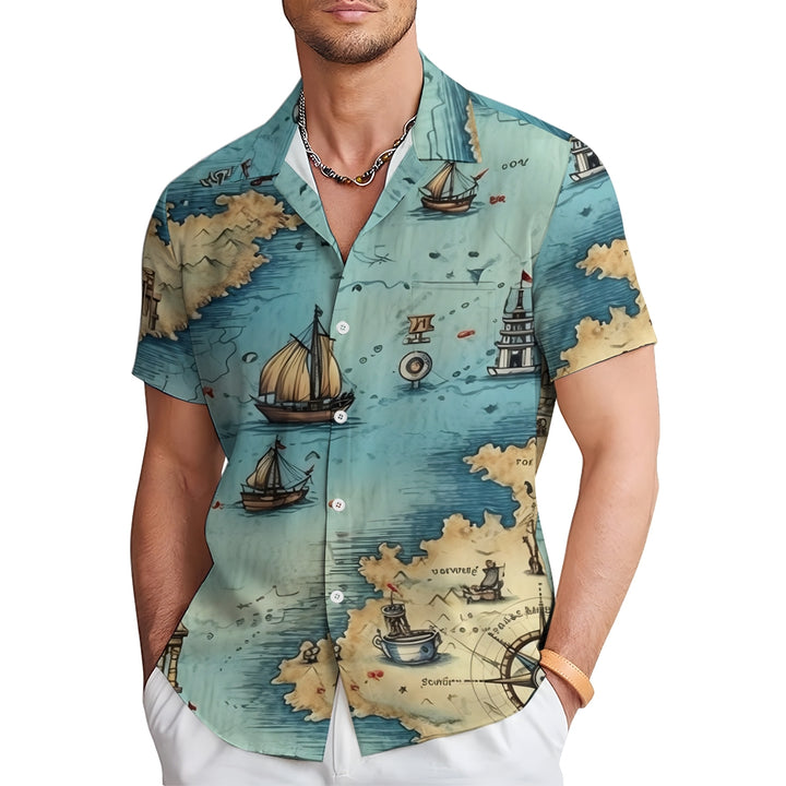 Nautical Sailboat Print Chest Pocket Short Sleeve Shirt 2411006006